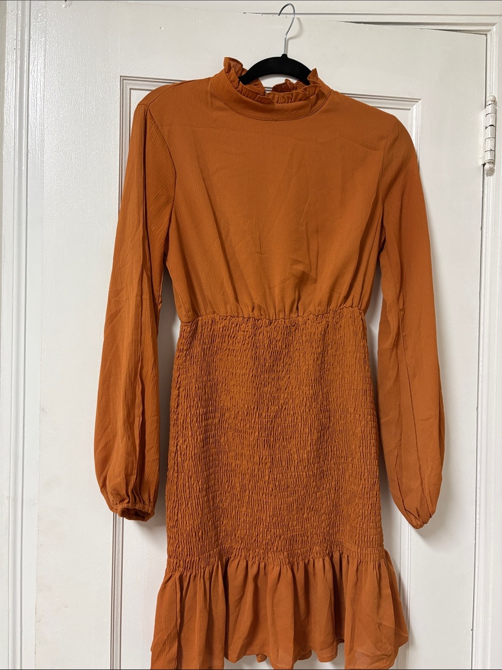 Fashion Nova Rust Long-Sleeve Smocked Waist Ruffle Dress